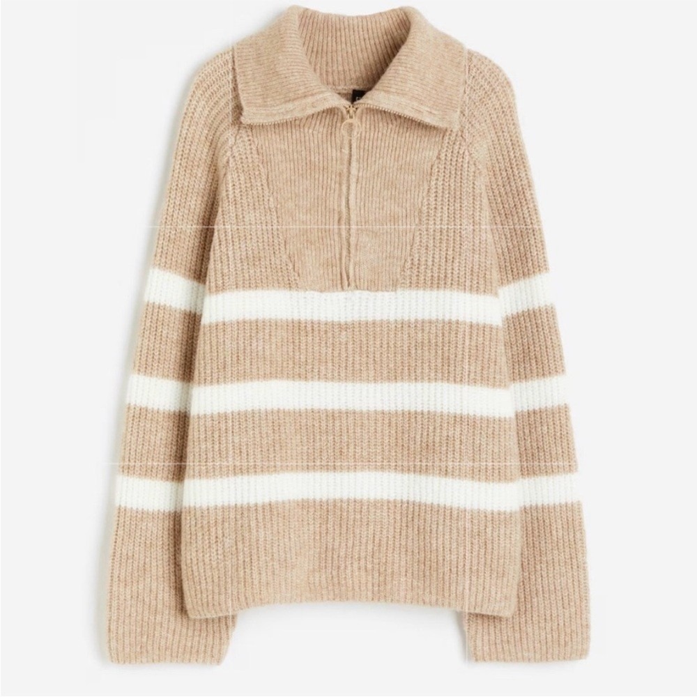 Cozy Pullover H&M Divided Tan White Stripped Quarter Zip Ribbed Knit Sweater XS
